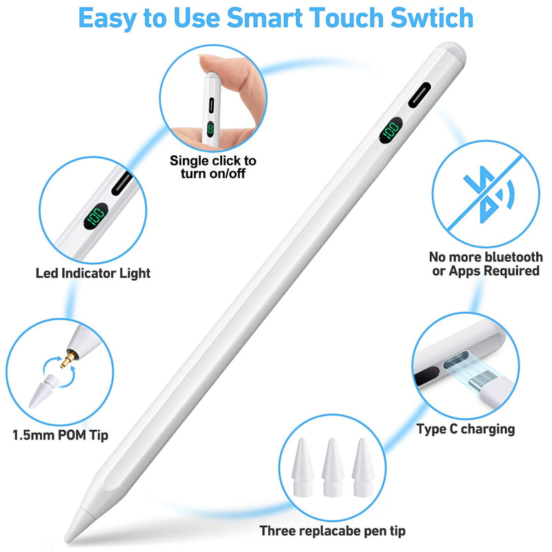 BLEBLE Stylus Pen for iPad, Palm Rejection & Tilt, Power Display, Compatible with 2018–2022 iPad Pro 11/12.9, iPad 10/9/8/7/6, iPad Air 3/4/5, iPad Mini 5/6 – White