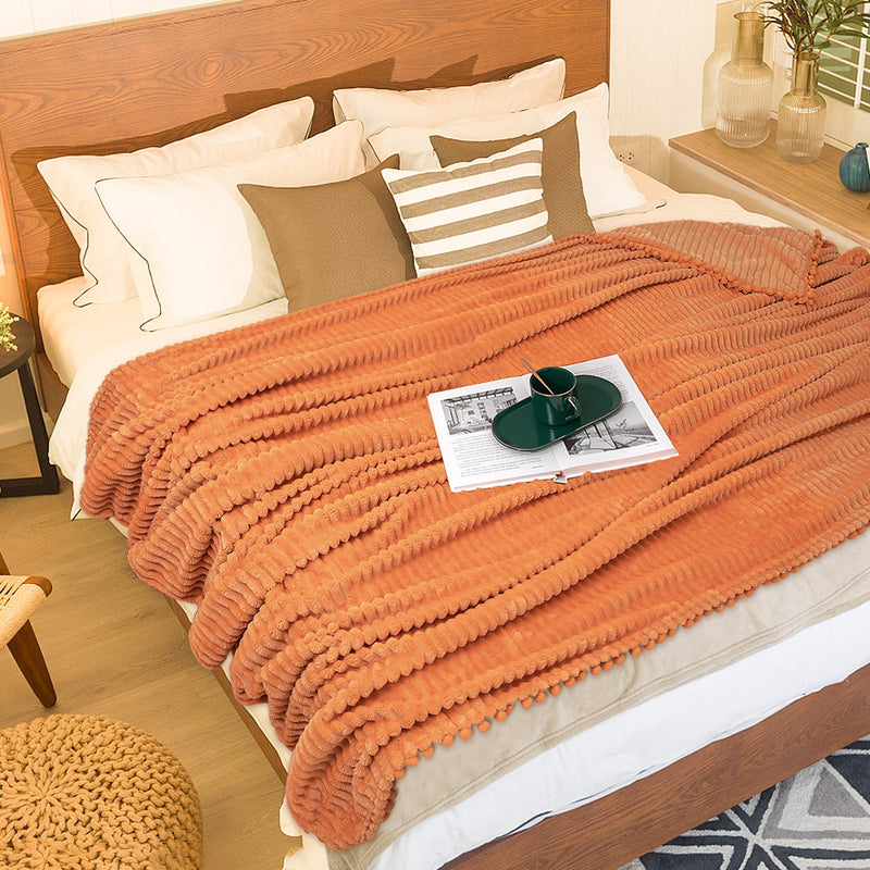 DISSA Flannel Fleece Blankets with Pompom Fringe Lightweight Soft Throw Blanket Fit Sofa Bed(Orange,51x63