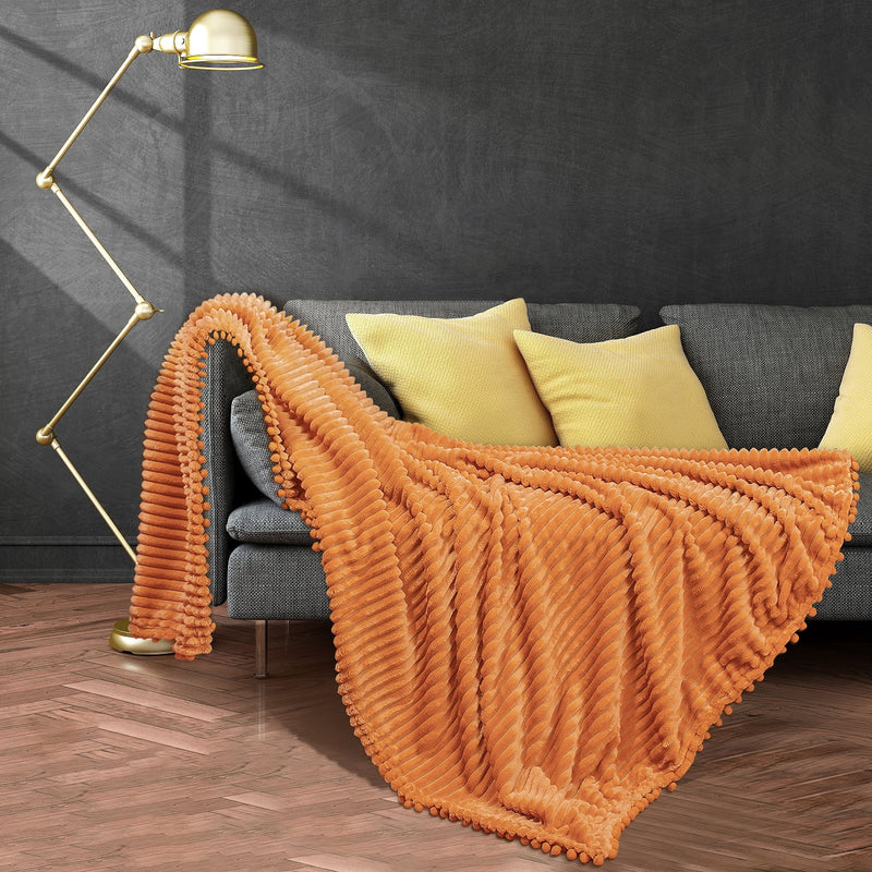 DISSA Flannel Fleece Blankets with Pompom Fringe Lightweight Soft Throw Blanket Fit Sofa Bed(Orange,51x63
