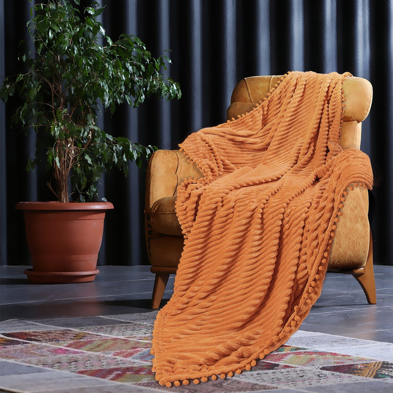 DISSA Flannel Fleece Blankets with Pompom Fringe Lightweight Soft Throw Blanket Fit Sofa Bed(Orange,51x63