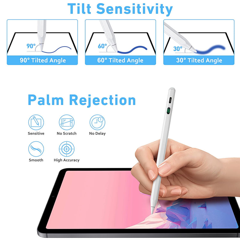 BLEBLE Stylus Pen for iPad, Palm Rejection & Tilt, Power Display, Compatible with 2018–2022 iPad Pro 11/12.9, iPad 10/9/8/7/6, iPad Air 3/4/5, iPad Mini 5/6 – White