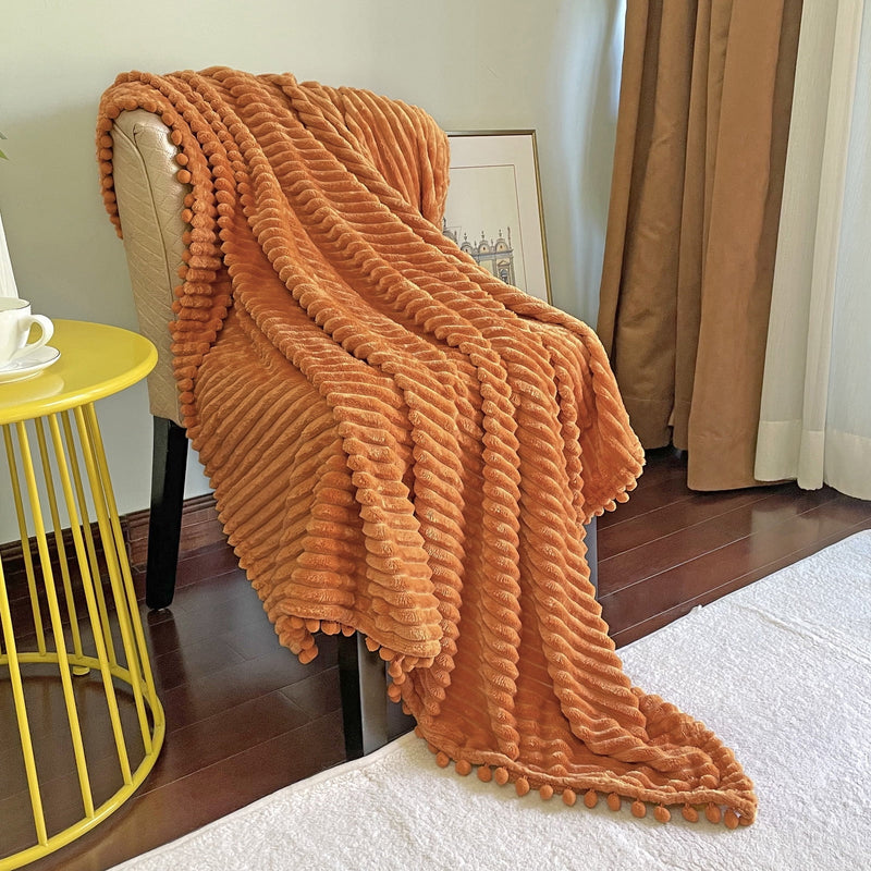 DISSA Flannel Fleece Blankets with Pompom Fringe Lightweight Soft Throw Blanket Fit Sofa Bed(Orange,51x63