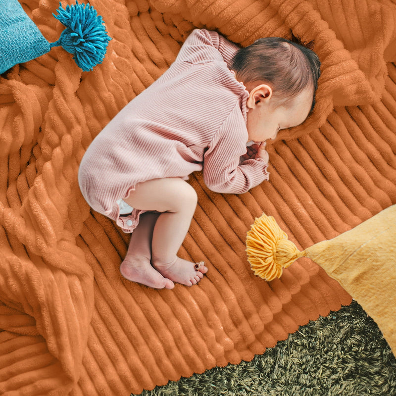 DISSA Flannel Fleece Blankets with Pompom Fringe Lightweight Soft Throw Blanket Fit Sofa Bed(Orange,51x63