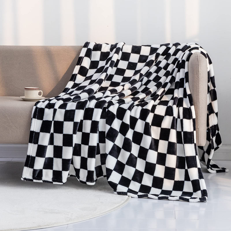 LOMAO Throw Blankets Flannel Blanket with Checkerboard Grid Pattern Soft Throw Blanket for Couch, Bed, Sofa Luxurious Warm and Cozy for All Seasons (Black, 50