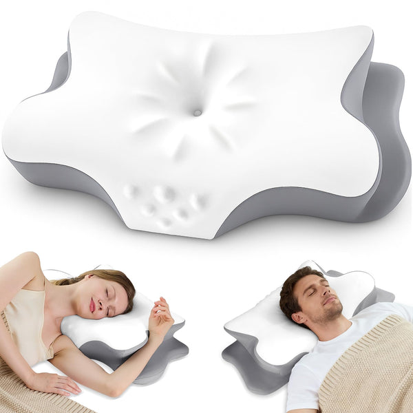 LOMAO Cervical Neck Pillow for Neck Support, Contour Memory Foam Pillow for Side and Back Sleepers, Cooling Washable Cover, Dual Height 4.2
