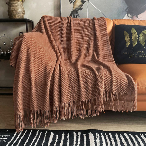 LOMAO Knitted Throw Blanket with Tassels Bubble Textured Lightweight Throws for Bed,Chair,Sofa,Living Room,Home Decor (Caramel/Rust,50*60 in)