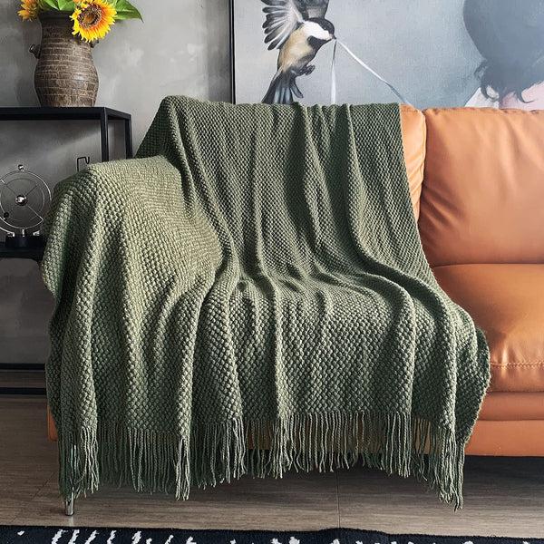LOMAO Knitted Throw Blanket with Tassels Bubble Textured Lightweight Throws for Bed,Chair,Sofa,Living Room,Home Decor (Dark Olive,50*60 in)
