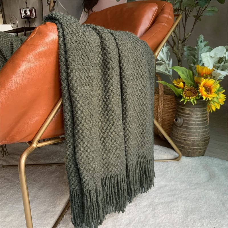 LOMAO Knitted Throw Blanket with Tassels Bubble Textured Lightweight Throws for Bed,Chair,Sofa,Living Room,Home Decor (Dark Olive,50*60 in)
