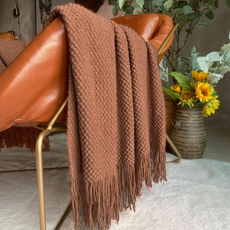 LOMAO Knitted Throw Blanket with Tassels Bubble Textured Lightweight Throws for Bed,Chair,Sofa,Living Room,Home Decor (Caramel/Rust,50*60 in)