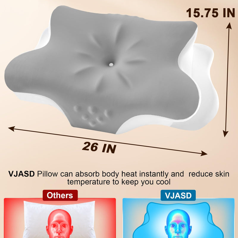 Cervical Neck Pillow for Pain Relief, Contour Memory Foam Pillow for Side & Back Sleepers, Cooling Washable Cover, Dual Height 4.2”/5”, Queen