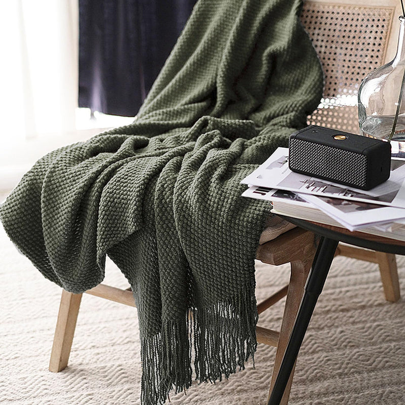 LOMAO Knitted Throw Blanket with Tassels Bubble Textured Lightweight Throws for Bed,Chair,Sofa,Living Room,Home Decor (Dark Olive,50*60 in)