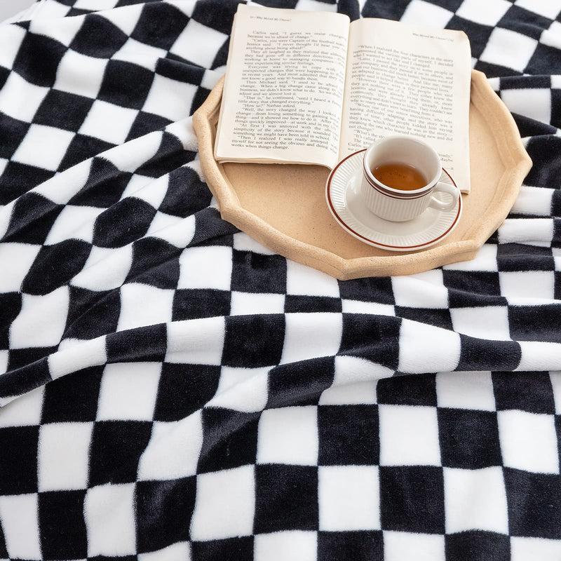 LOMAO Throw Blankets Flannel Blanket with Checkerboard Grid Pattern Soft Throw Blanket for Couch, Bed, Sofa Luxurious Warm and Cozy for All Seasons (Black, 50