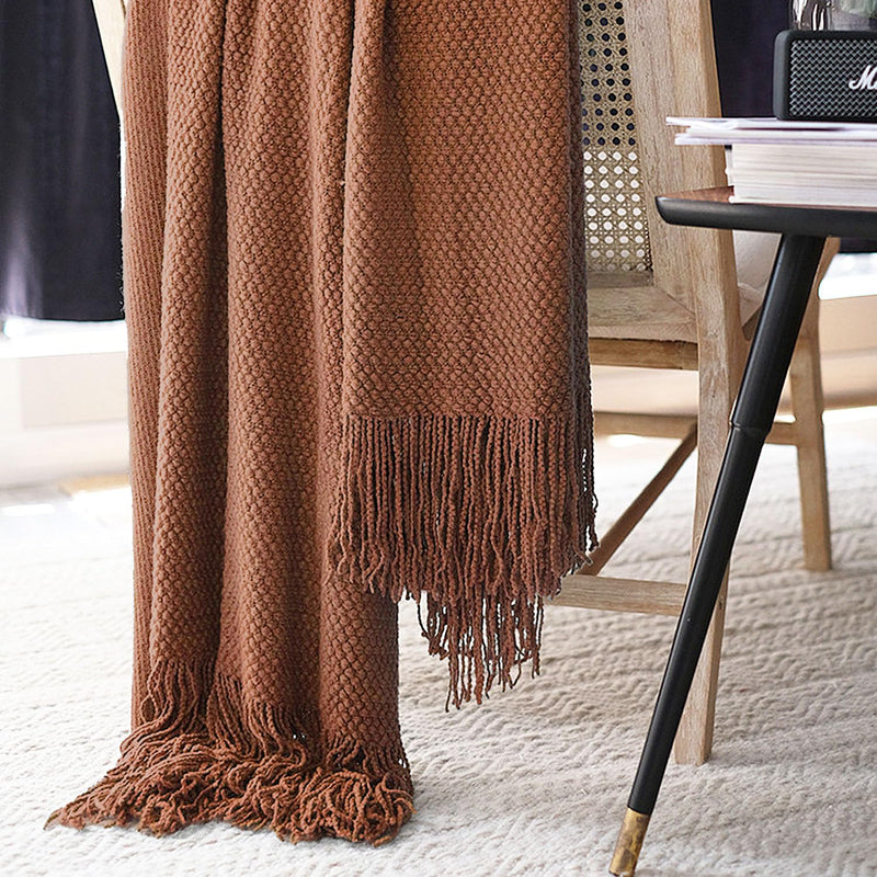 LOMAO Knitted Throw Blanket with Tassels Bubble Textured Lightweight Throws for Bed,Chair,Sofa,Living Room,Home Decor (Caramel/Rust,50*60 in)