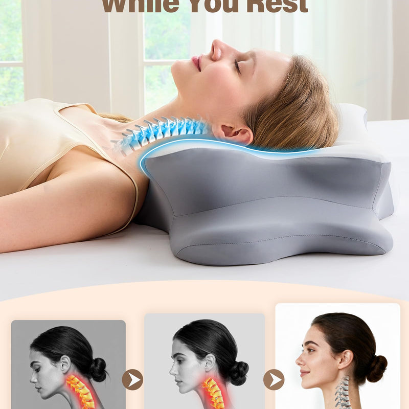 LOMAO Cervical Neck Pillow for Neck Support, Contour Memory Foam Pillow for Side and Back Sleepers, Cooling Washable Cover, Dual Height 4.2