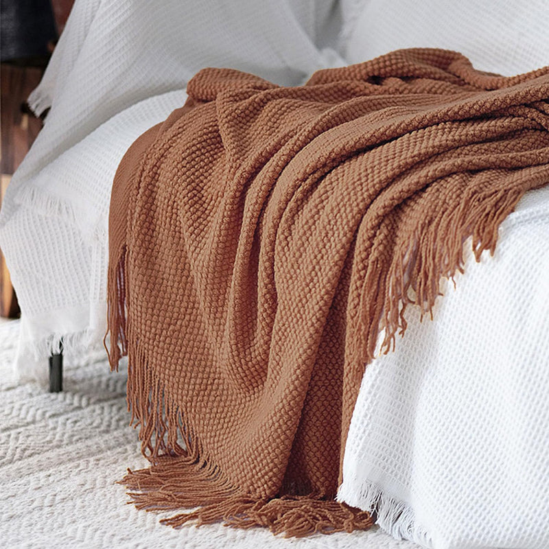 LOMAO Knitted Throw Blanket with Tassels Bubble Textured Lightweight Throws for Bed,Chair,Sofa,Living Room,Home Decor (Caramel/Rust,50*60 in)