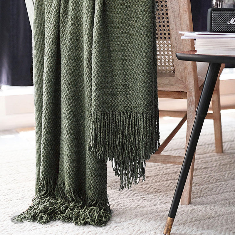 LOMAO Knitted Throw Blanket with Tassels Bubble Textured Lightweight Throws for Bed,Chair,Sofa,Living Room,Home Decor (Dark Olive,50*60 in)