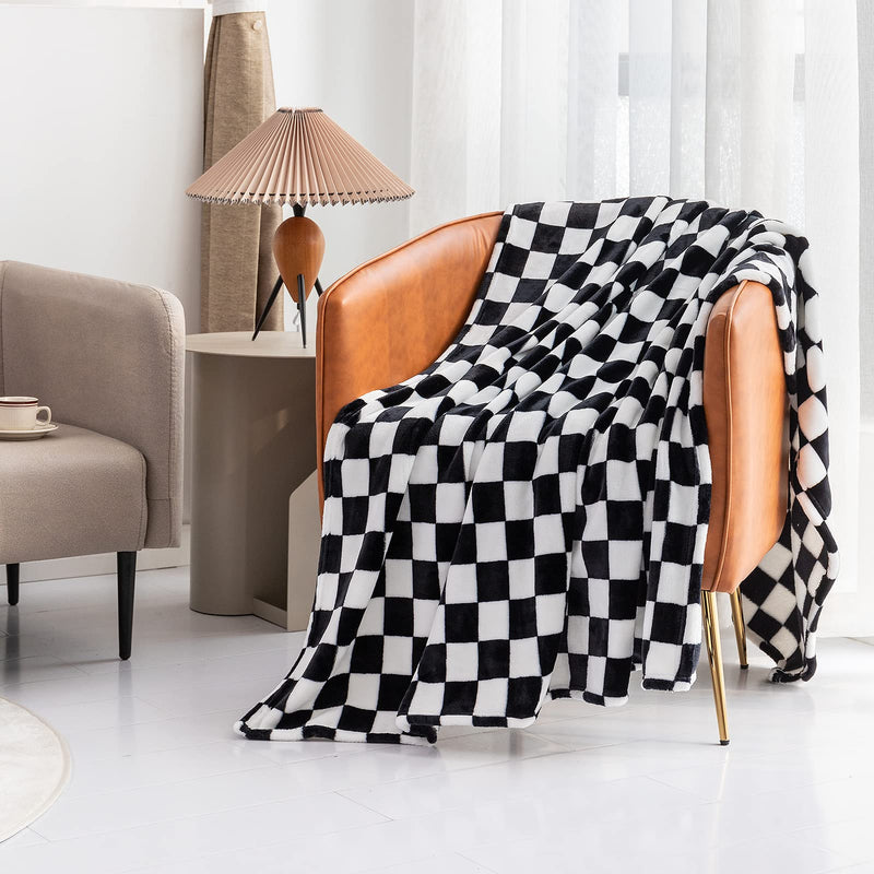 LOMAO Throw Blankets Flannel Blanket with Checkerboard Grid Pattern Soft Throw Blanket for Couch, Bed, Sofa Luxurious Warm and Cozy for All Seasons (Black, 50