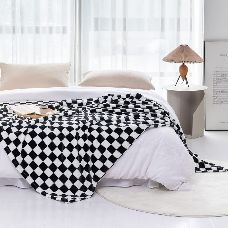 LOMAO Throw Blankets Flannel Blanket with Checkerboard Grid Pattern Soft Throw Blanket for Couch, Bed, Sofa Luxurious Warm and Cozy for All Seasons (Black, 50