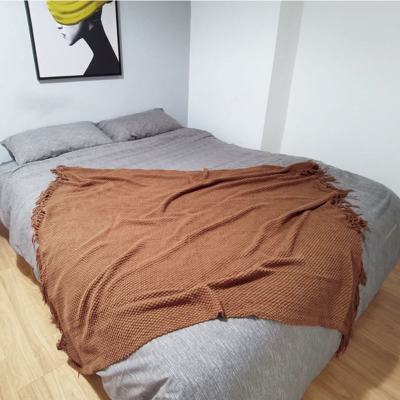 LOMAO Knitted Throw Blanket with Tassels Bubble Textured Lightweight Throws for Bed,Chair,Sofa,Living Room,Home Decor (Caramel/Rust,50*60 in)