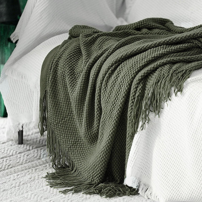LOMAO Knitted Throw Blanket with Tassels Bubble Textured Lightweight Throws for Bed,Chair,Sofa,Living Room,Home Decor (Dark Olive,50*60 in)