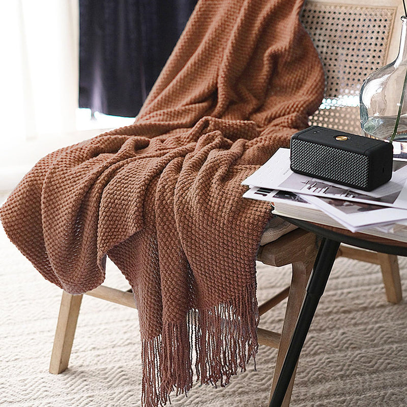 LOMAO Knitted Throw Blanket with Tassels Bubble Textured Lightweight Throws for Bed,Chair,Sofa,Living Room,Home Decor (Caramel/Rust,50*60 in)