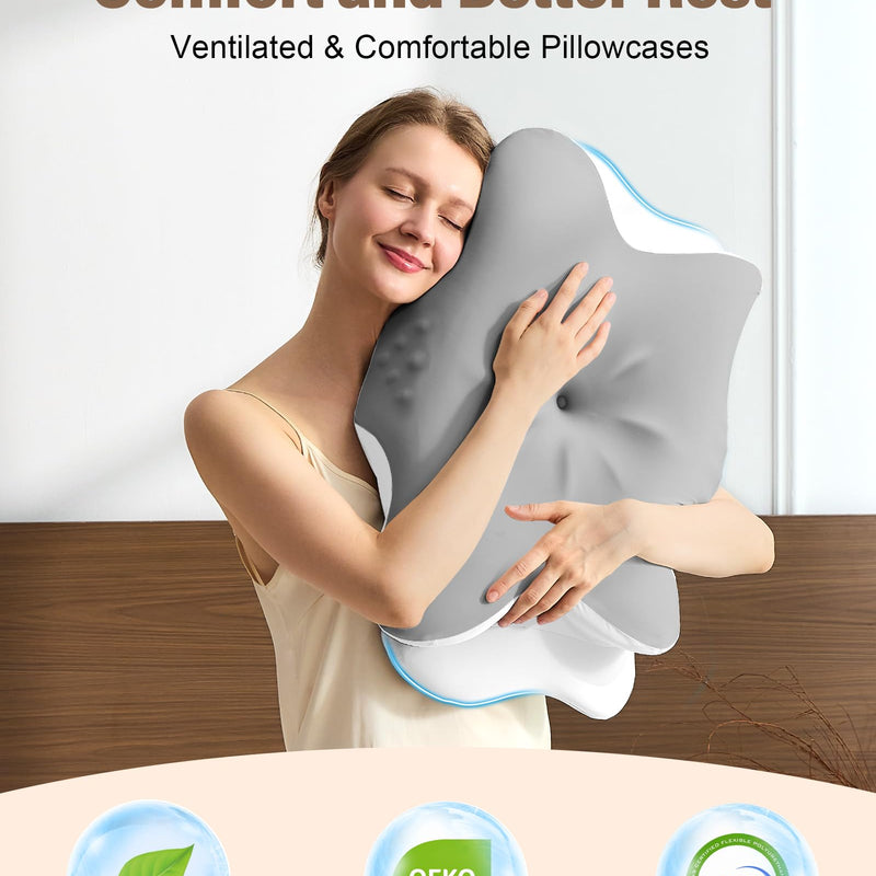 Cervical Neck Pillow for Pain Relief, Contour Memory Foam Pillow for Side & Back Sleepers, Cooling Washable Cover, Dual Height 4.2”/5”, Queen