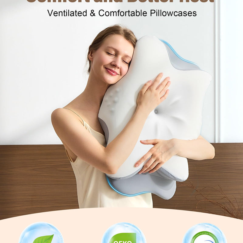 LOMAO Cervical Neck Pillow for Neck Support, Contour Memory Foam Pillow for Side and Back Sleepers, Cooling Washable Cover, Dual Height 4.2